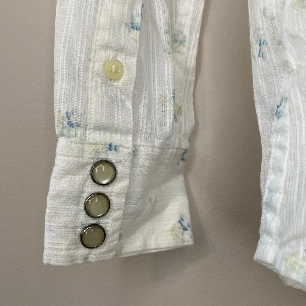 Ralph Lauren Girls 3T Floral Western Snap Button Shirt White Blue Striped Yoke